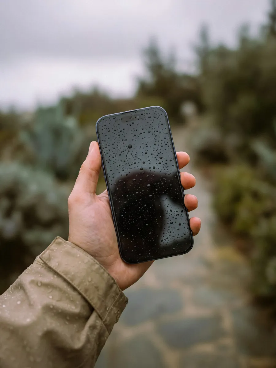 Smartphone couvert de gouttes d'eau tenu à la main